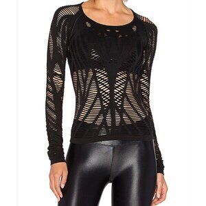 Alo Wandered Stretchy Blouse Cutout Long Sleeve Scoop Neck Lightweight Solid Bla